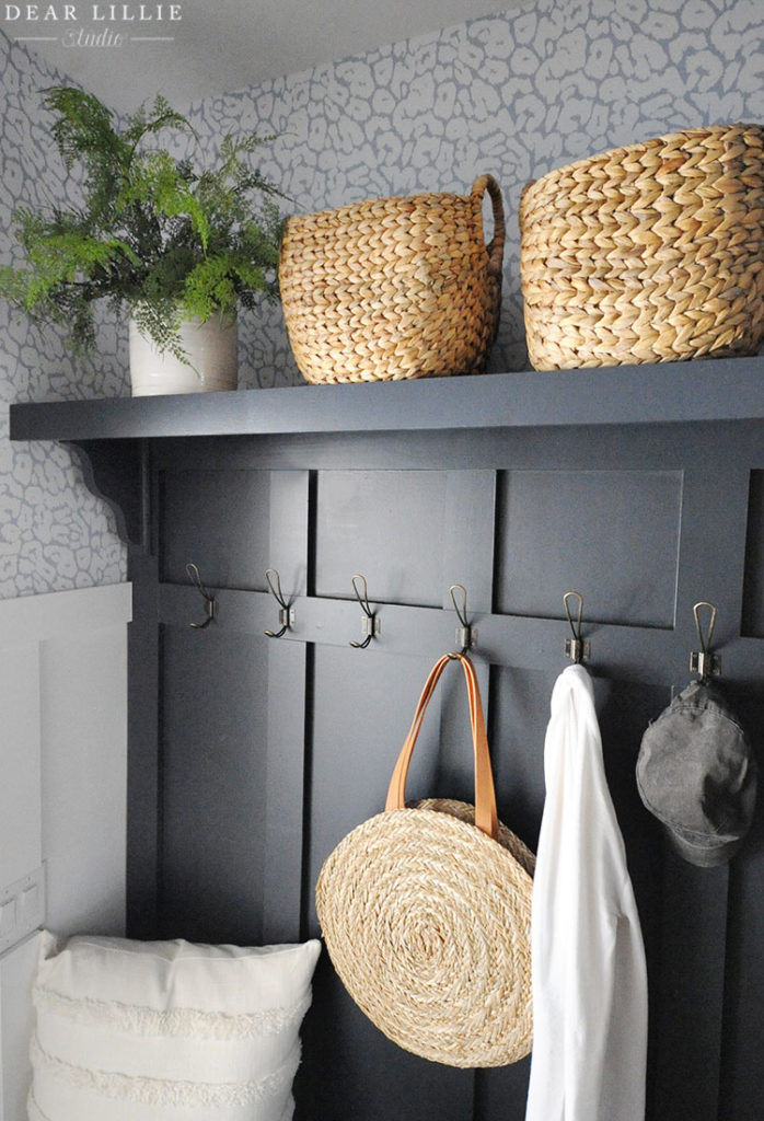 quadrille-arbor-de-matisse-blue-white-wallpaper-mudroom-laundry-room-utility-dog-bowls-indigo-home-baskets  - The Glam Pad