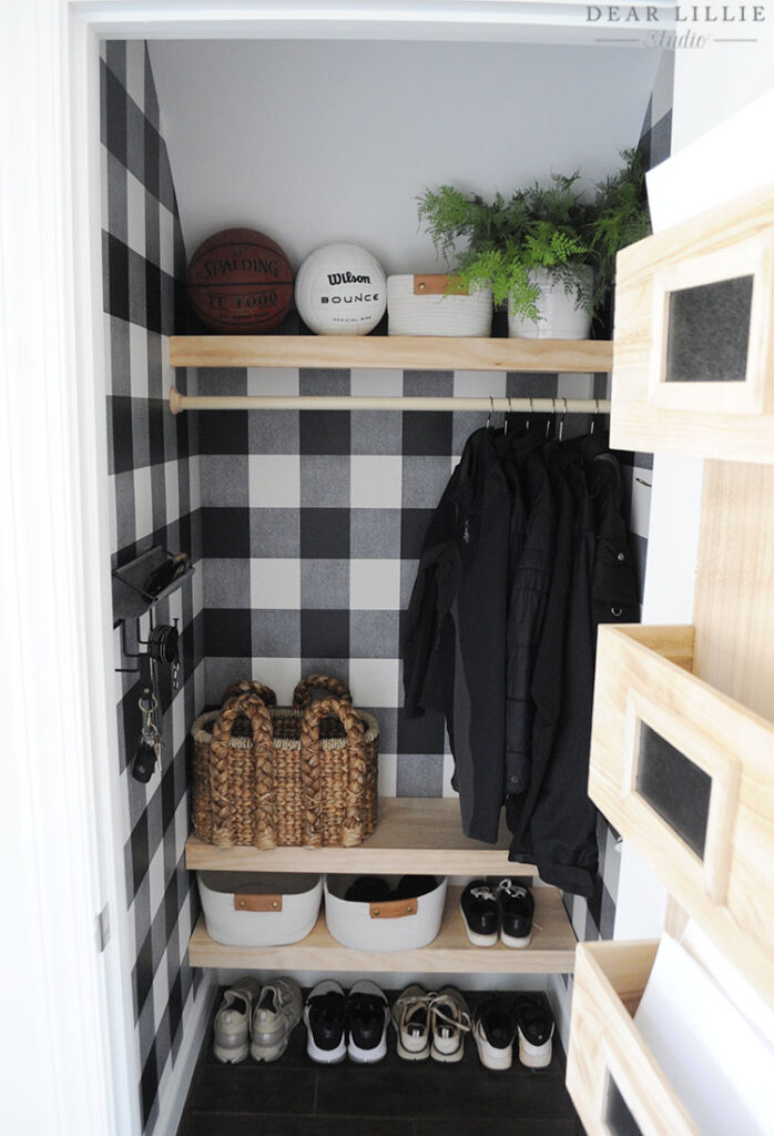 Entryway closet makeover with practical storage ideas. From basic