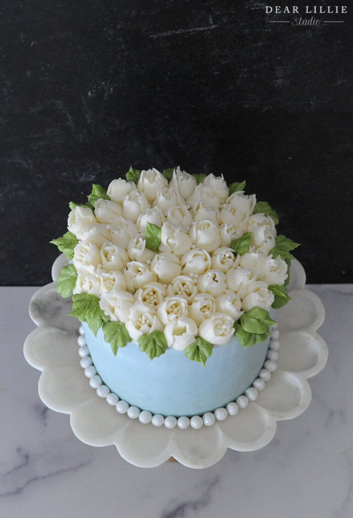 White Tulip Cake Made with Russian Piping Tips - Dear Lillie Studio