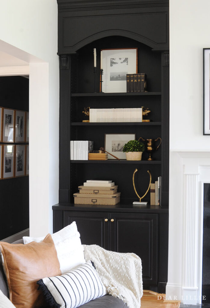 black built-in bookshelves