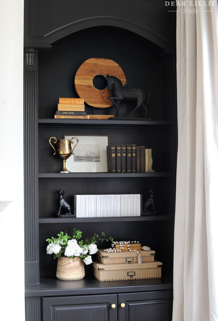 black built-in bookshelves