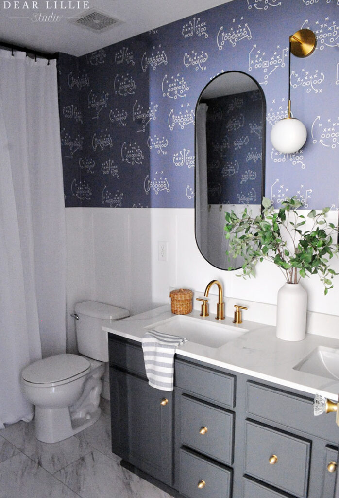Lola's Bathroom Makeover with Board and Batten and Football Wallpaper ...