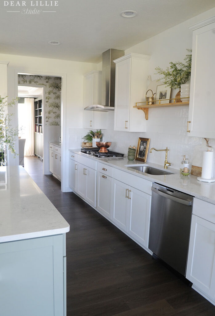 Shelf Above Kitchen Sink In Our New Kitchen Dear Lillie Studio   KitchenShelfwithBrassRailing1 698x1024 