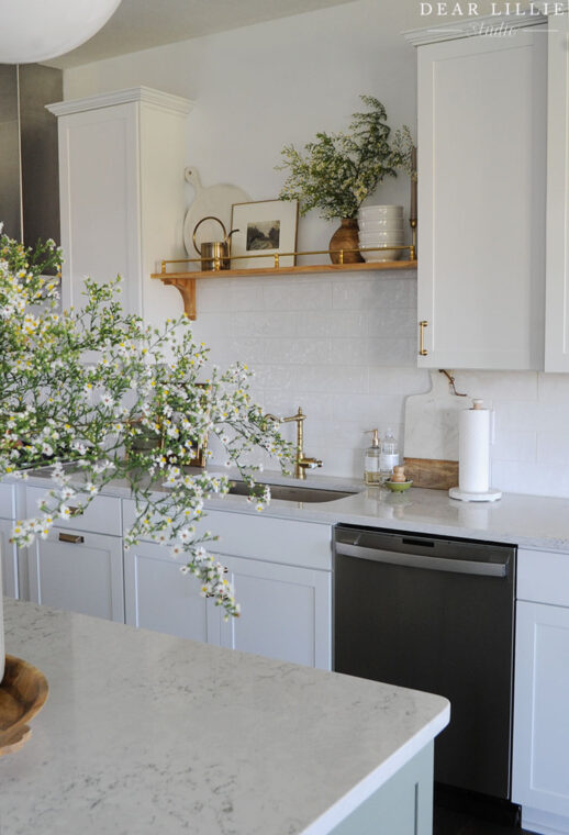 Shelf Above Kitchen Sink In Our New Kitchen Dear Lillie Studio   KitchenShelfwithBrassRailing16 518x760 