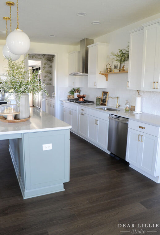 Shelf Above Kitchen Sink In Our New Kitchen Dear Lillie Studio   KitchenShelfwithBrassRailing2 518x760 