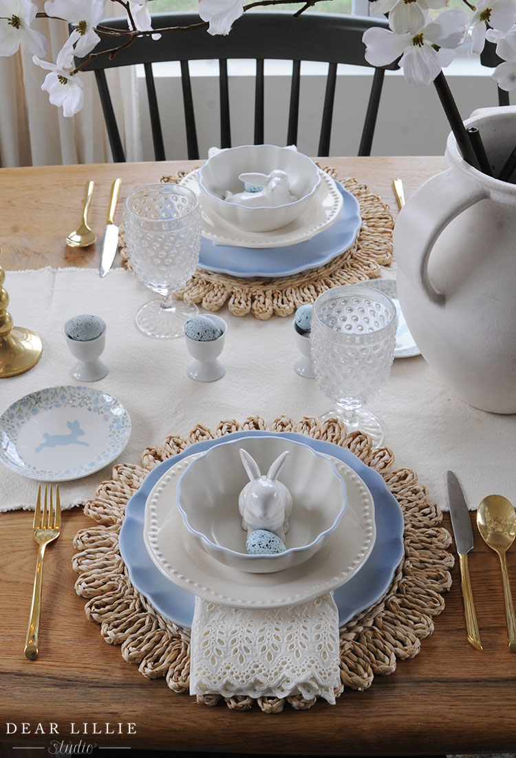 Blue Easter Table Setting with Dogwood Branches