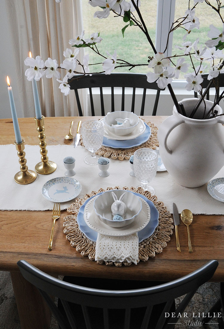 Blue Easter Table Setting with Dogwood Branches