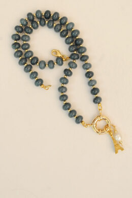 The Sailor Clasp Necklace in Spruce Blue Jade with Eiffel Tower Charm