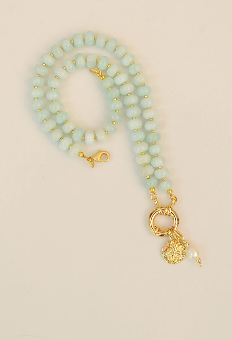 The Sailor Clasp Necklace in Light Aquamarine with Bee Charm - Image 4