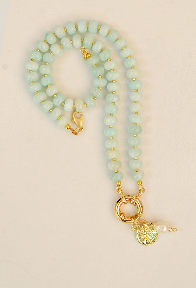 The Sailor Clasp Necklace in Light Aquamarine with Bee Charm
