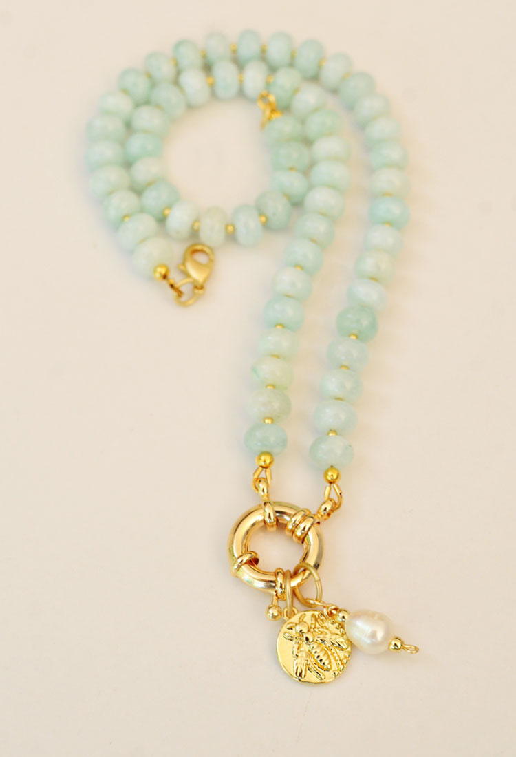 The Sailor Clasp Necklace in Light Aquamarine with Bee Charm - Image 2