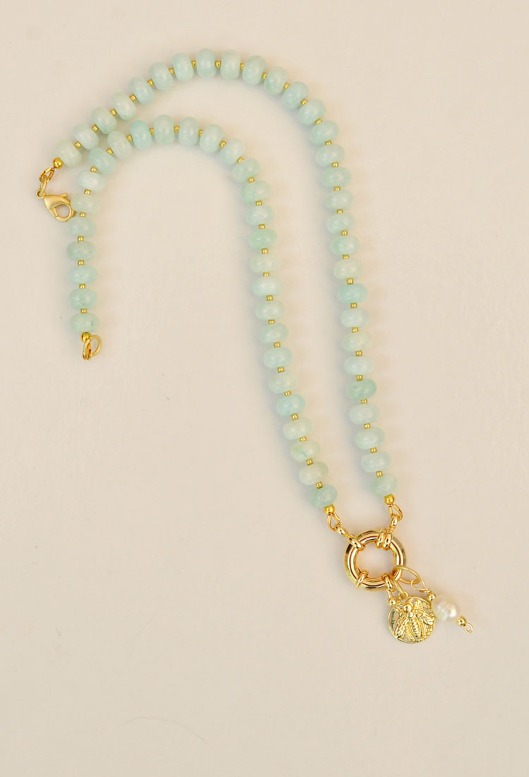 The Sailor Clasp Necklace in Light Aquamarine with Bee Charm - Image 5